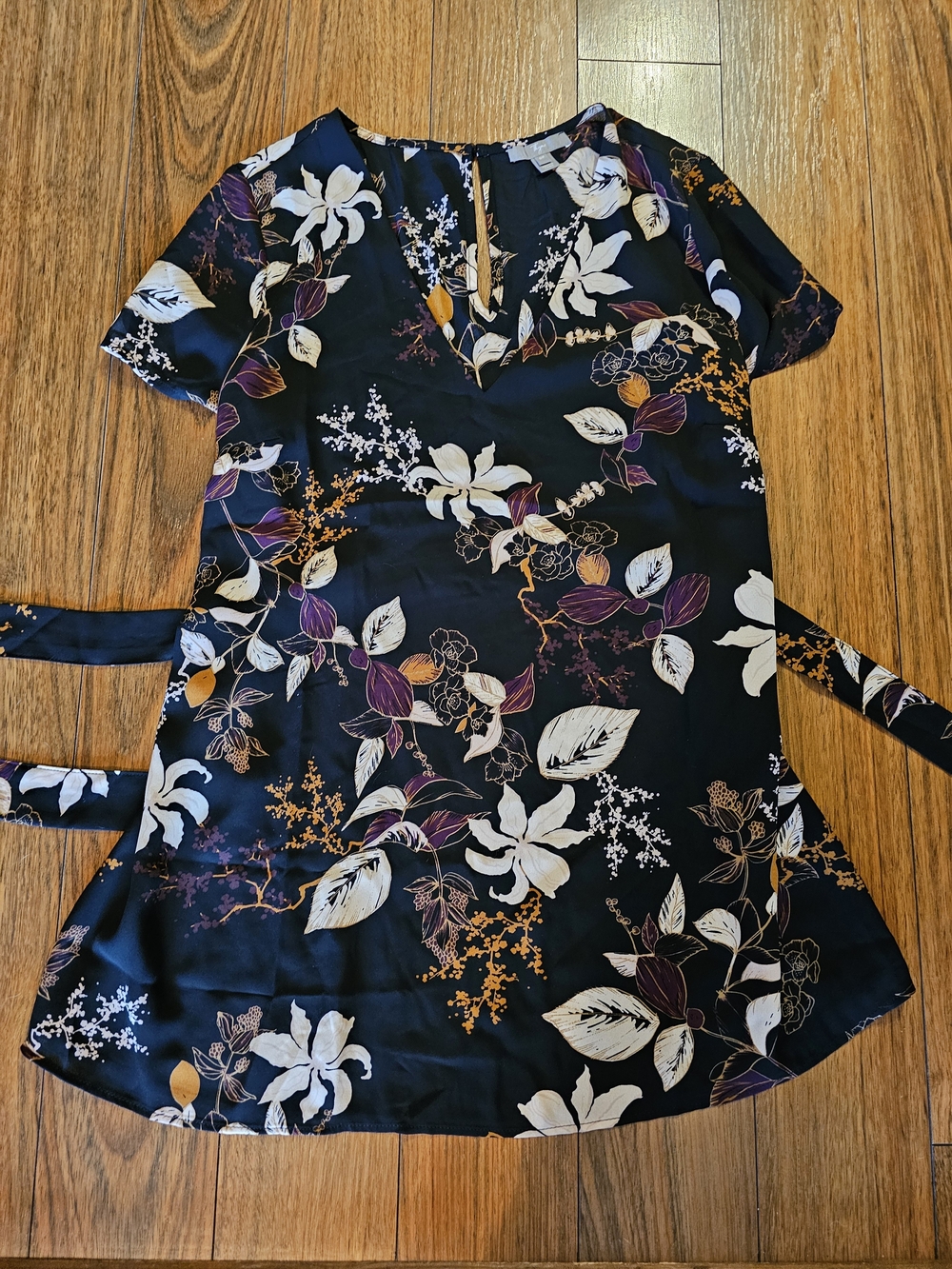 Thyme Black Floral Short Sleeve Shirt with Cream & Purple Blooms